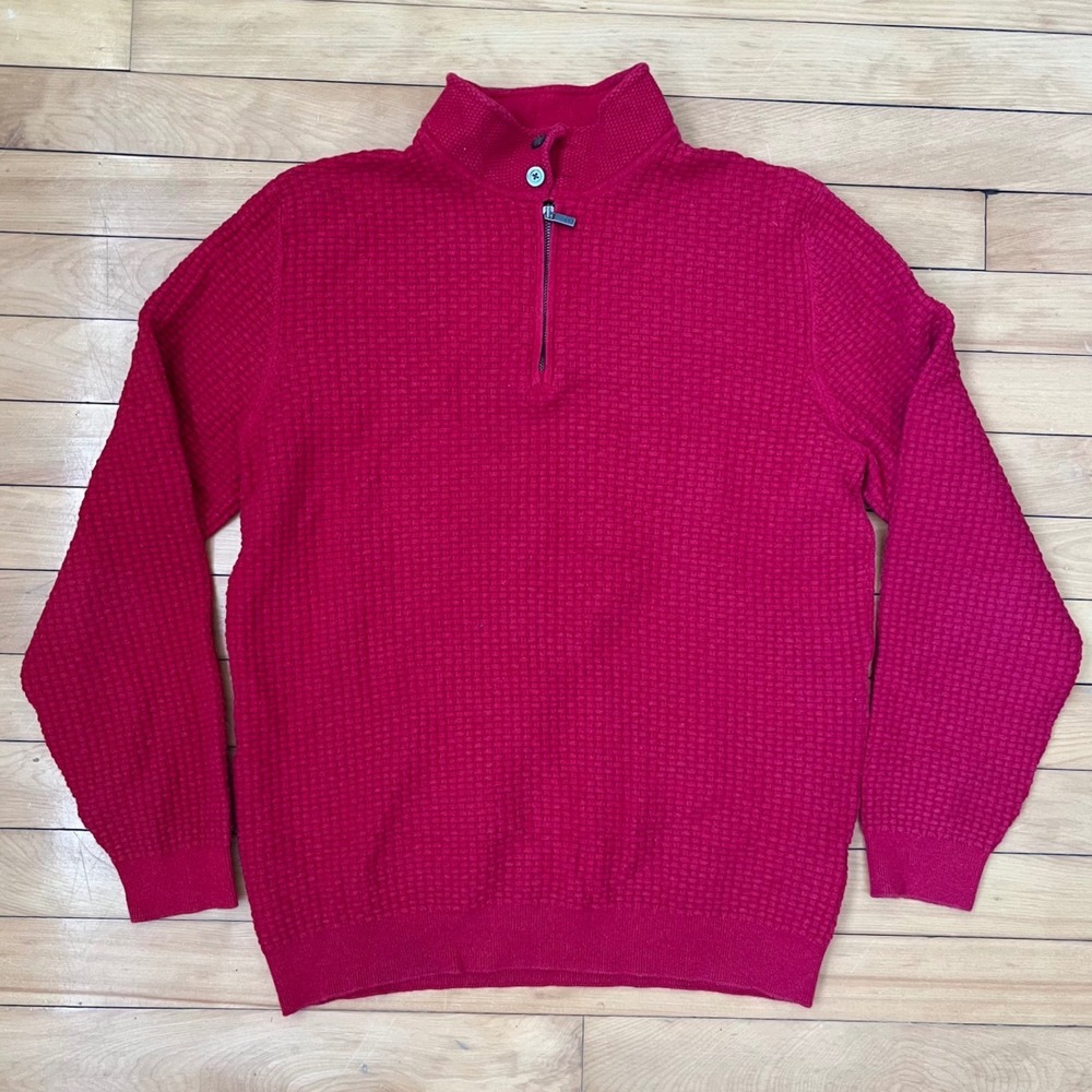 Massimo Dutti Red Cotton Cashmere Basketweave Quarter Zip Sweater Mens Large